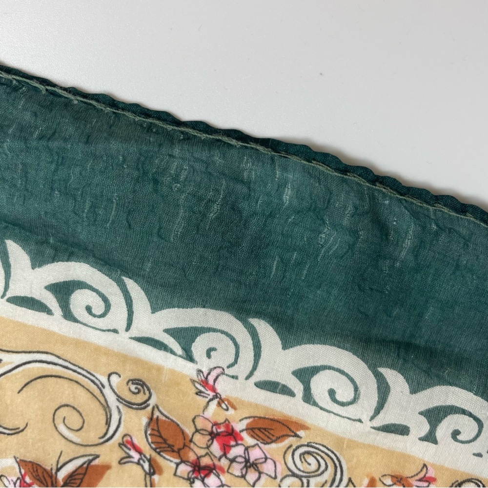 Vintage Silk Scarf Floral FLAWS Green Cream Retro Square Border Women Autumn‎ - Picture 14 of 16